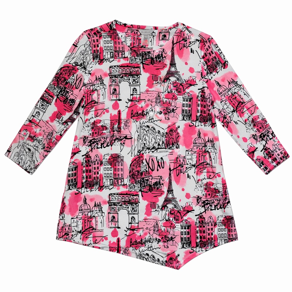 Multiples Paris Print Tunic Top Pink Black Cityscape Long Sleeve Size M
